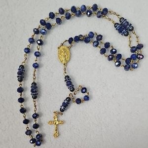 Gold-Tone Rosary Necklace with Deep Blue Faceted Beads